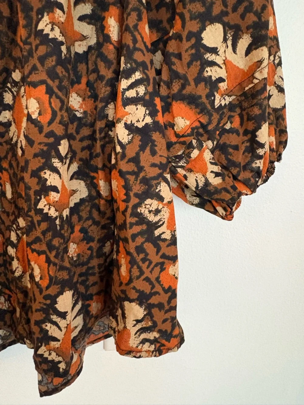 Free People || Willow Printed Top‎ Blouse Puff Sleeve Block Print Boho Brown S
